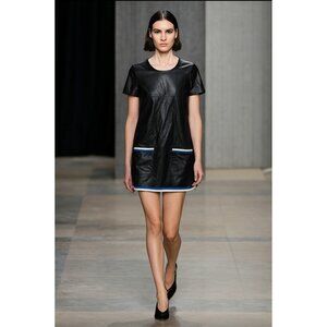 Women's Black Faux Leather Dress M Short Sleeve Mod Style Pockets & Trim